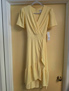 London Style Yellow Eyelet Asymmetrical Wrap Dress